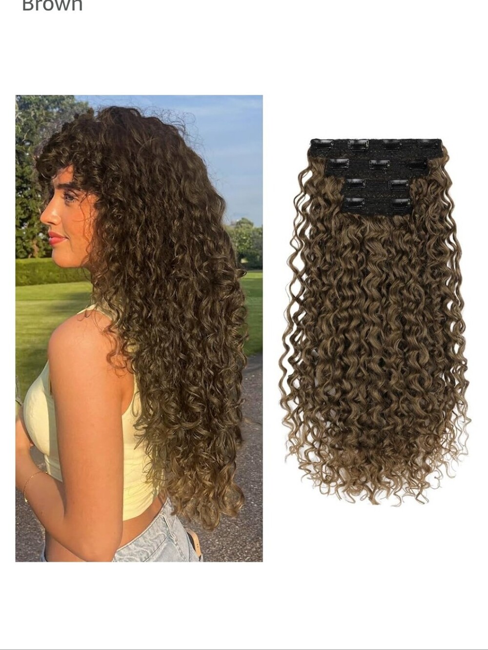 20" Brown Curly Clip-In Hair Extensions — Voluminous Natural Curls, 4 Pcs.